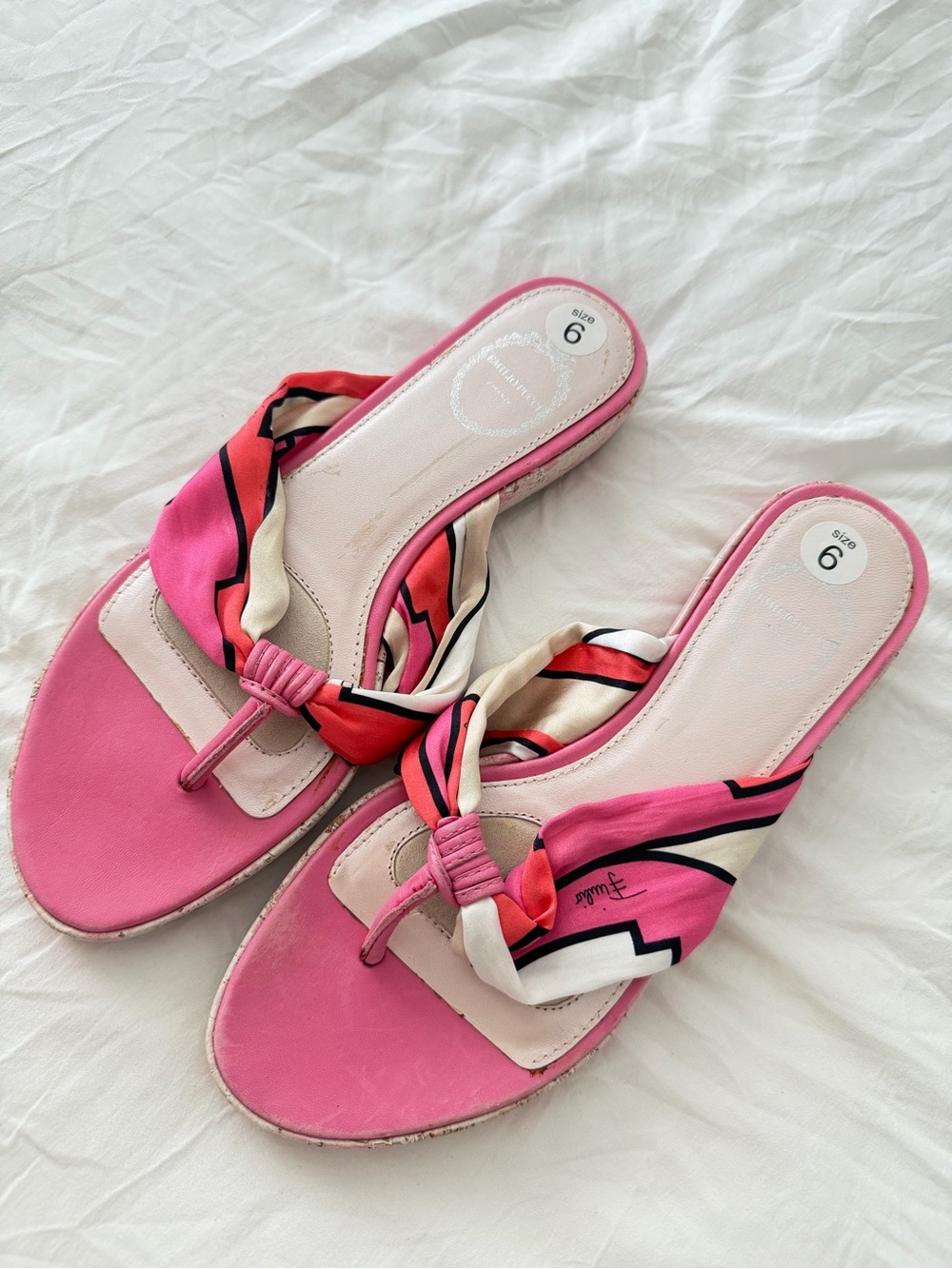 Emilio Pucci Pink and Coral Scarf-Tie Thong Sandals SZ 36